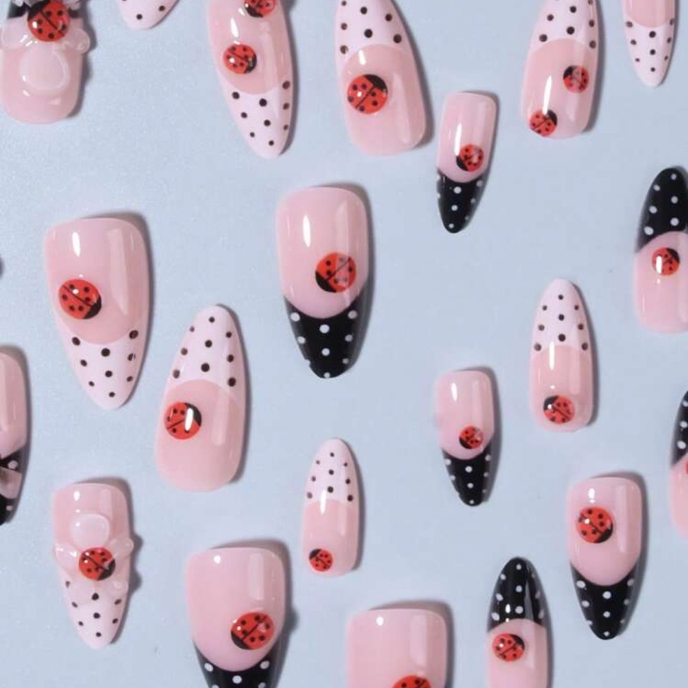 Transform Your Nails With, 24pcs 3D Gel Nails Ladybug French Almond Presson Nail - Picture 3 of 4